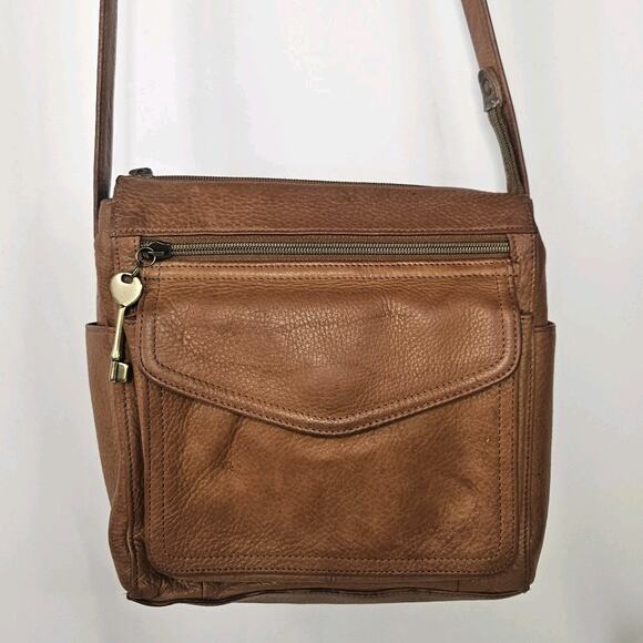 Fossil Ryder Satchel Purse Leather Handbag Crossbody Pebbled Classic Brown - Picture 2 of 16